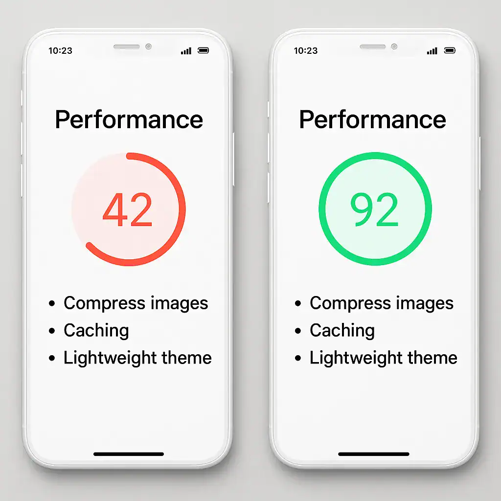 App performance scores: 42 (bad), 92 (good). Optimizations: image compression, caching, lightweight theme.